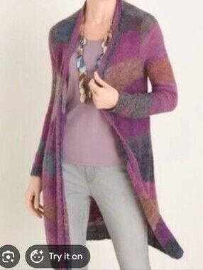Chico's Wool Blend Open-Front Abstract Purple Cardigan Small